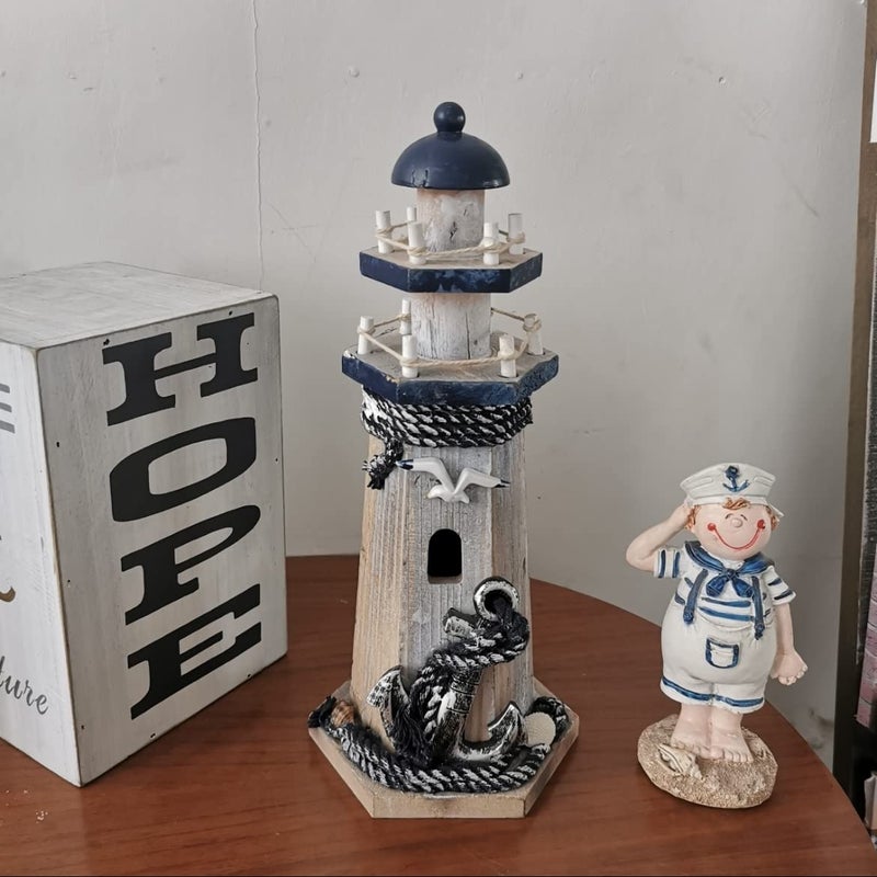 WHY DECOR Lighthouse Decor Nautical Decoration Wood Light House Figurine Beach House Coastal Decor Table Ocean Seaside Theme Home Lake House Bathroom Shelf Centerpiece 10.25" Blue - Image 2